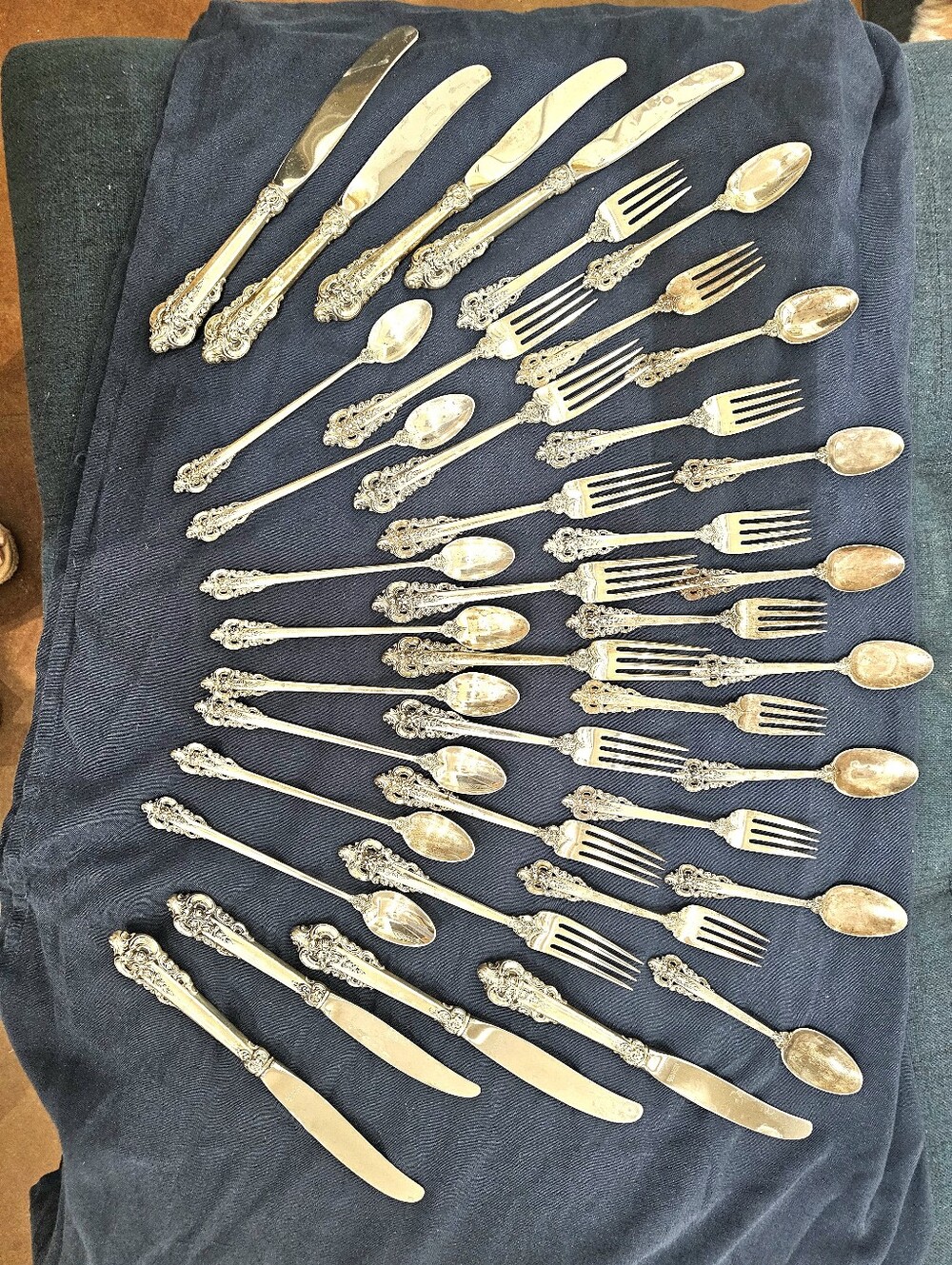 Wallace Grande Baroque Sterling Silver Flatware 47 Pc Service for 8 + Servers